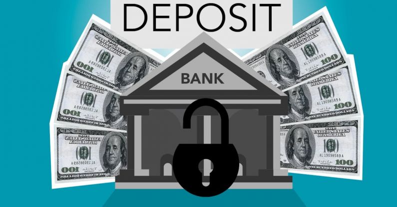 Storage Units - Decorative cardboard illustration of lock on bank with American paper money under Deposit inscription on blue background